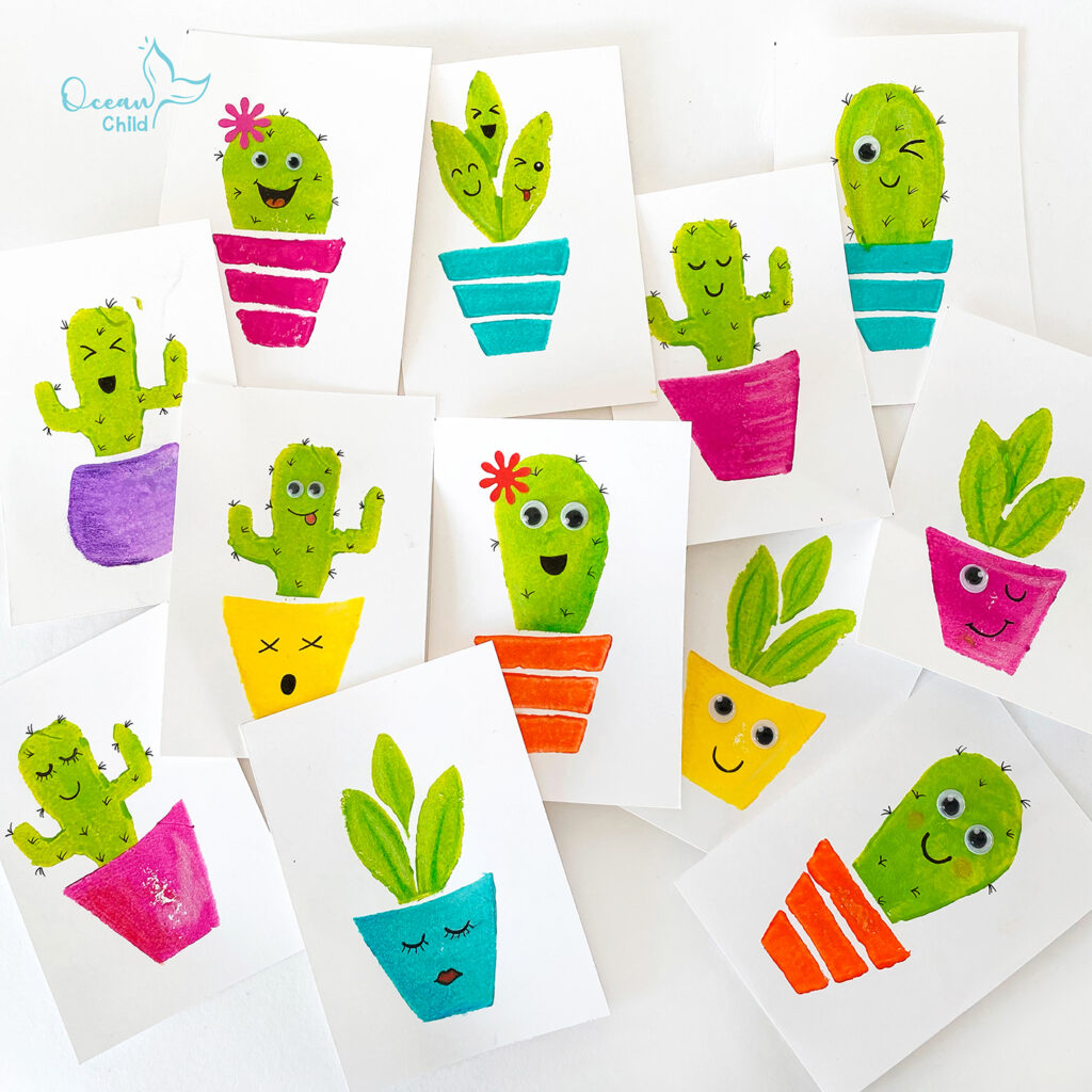 DIY potato stamp cactus cards or gift tags Ocean Child Crafts