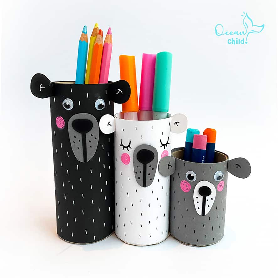 DIY pencil holder, paper roll bear craft - Ocean Child Crafts