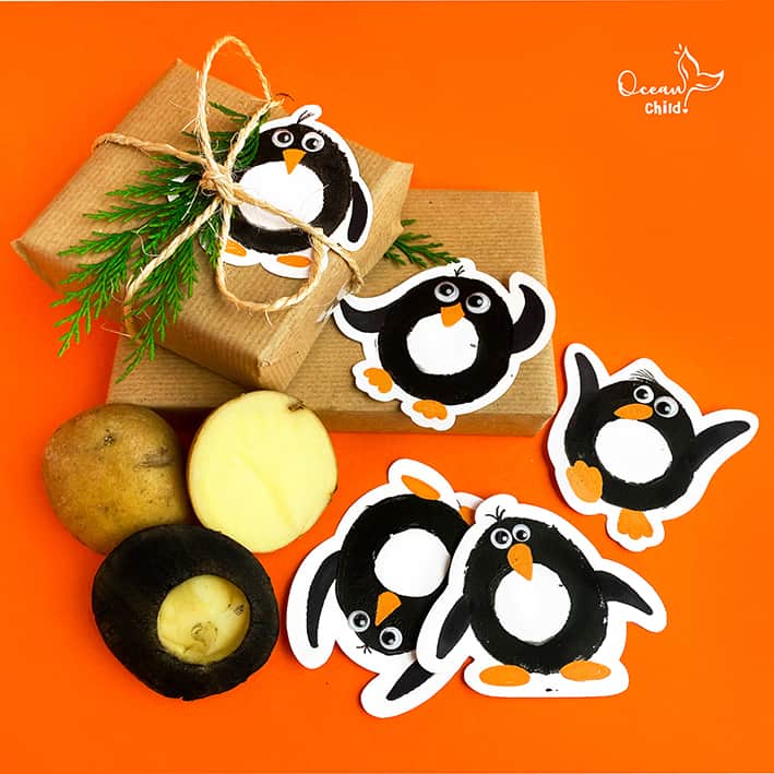 Potato stamp penguin gift tags 
