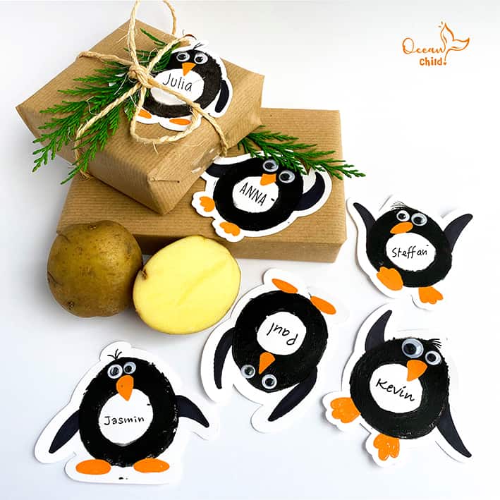 DIY Potato stamp penguin gifttags 
