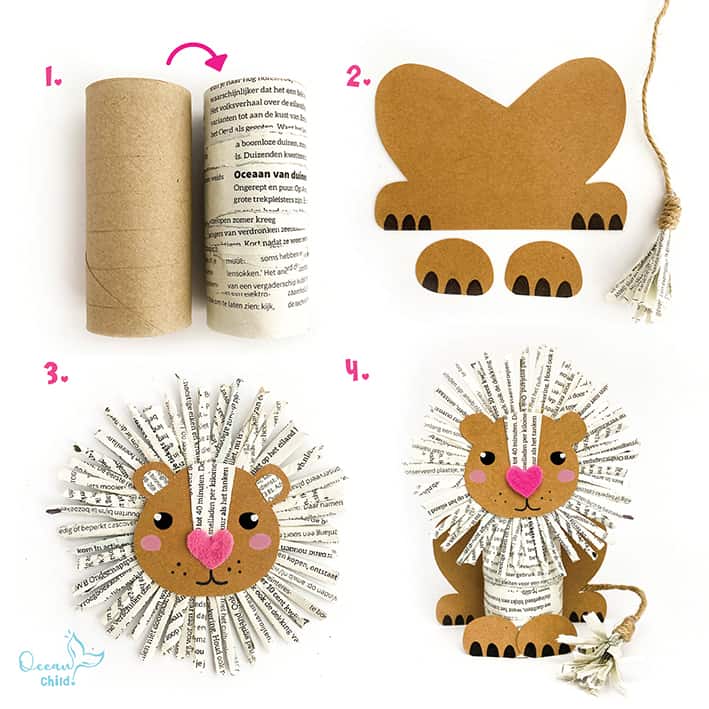Step-by-step paper roll lion craft with newspaper manes
