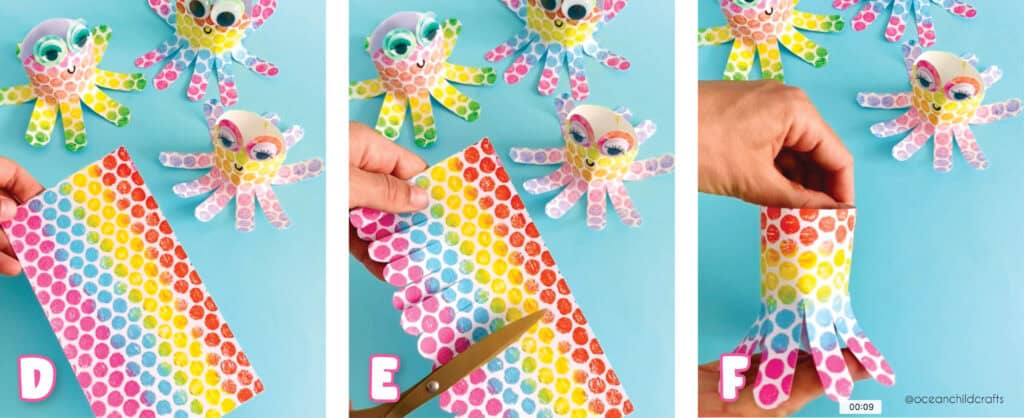 Turn your rainbow bubble wrap print sheet in a cute octopus craft. Ocean themed craft idea for kids!