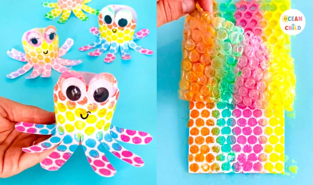 Colorful bubble wrap print octopus craft for kids. Fun ocean themed craft idea for Summer.