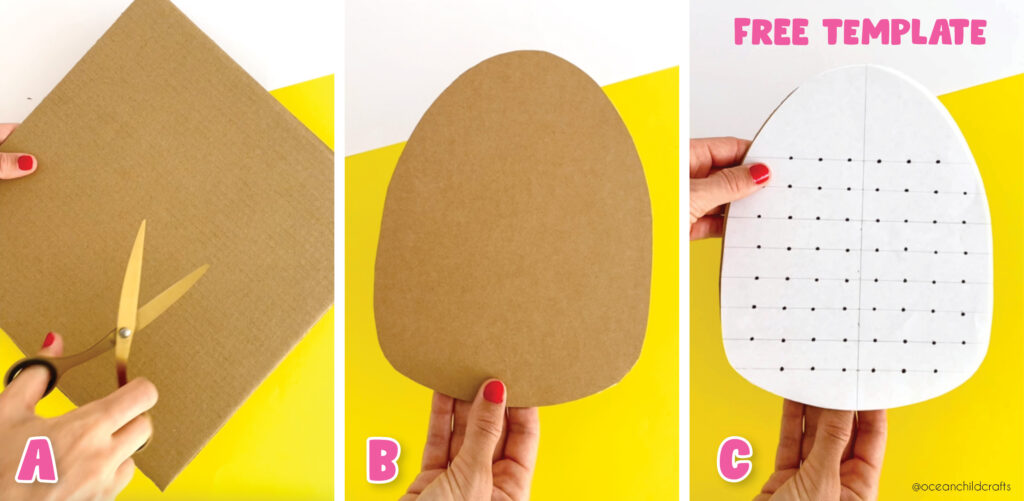 Supplies for easy pineapple stitching craft for kids including yarn, cardboard, and free printable