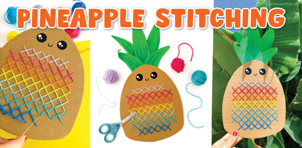 Completed rainbow cross-stitch pineapple craft for kids using cardboard and yarn