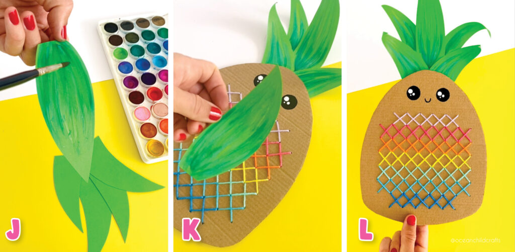 Cute stitched pineapple craft with drawn face and green paper crown for kids