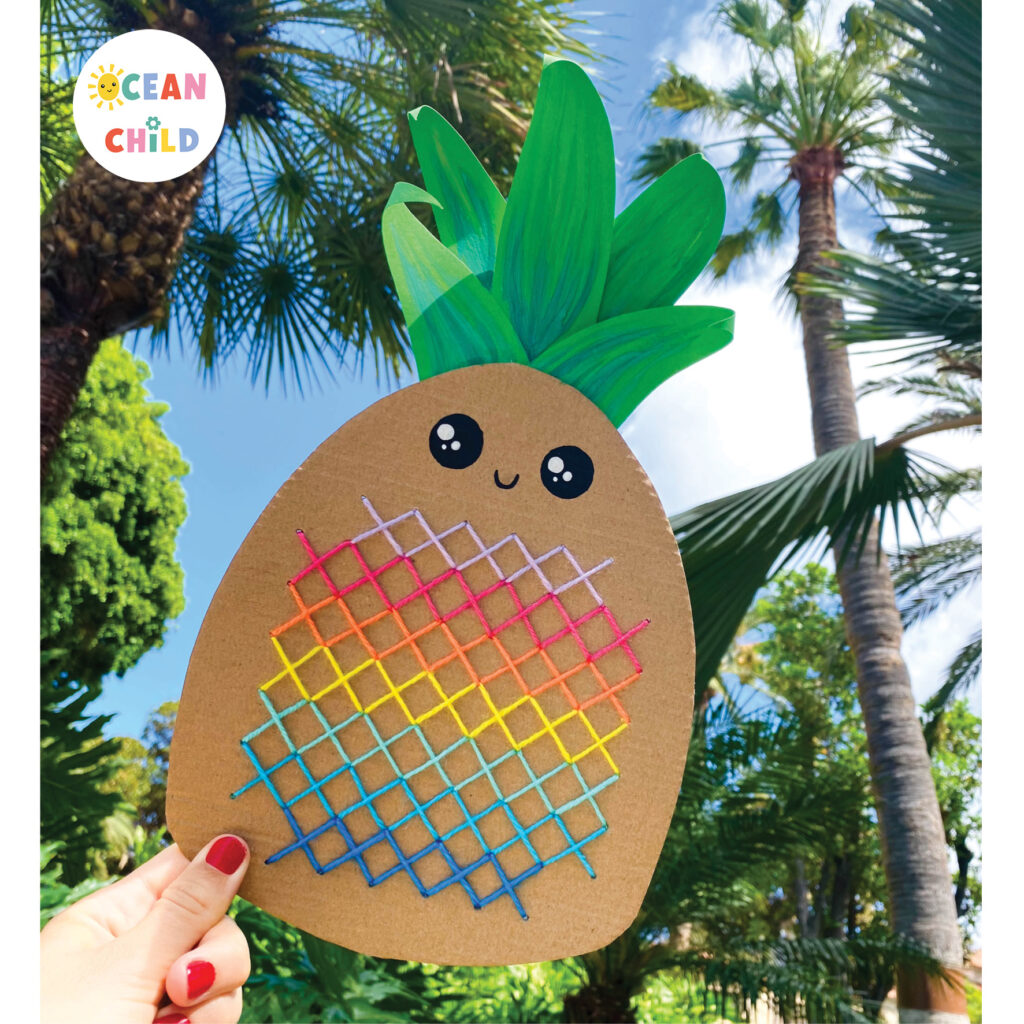 Downloadable pineapple craft template with stitch grid for kids