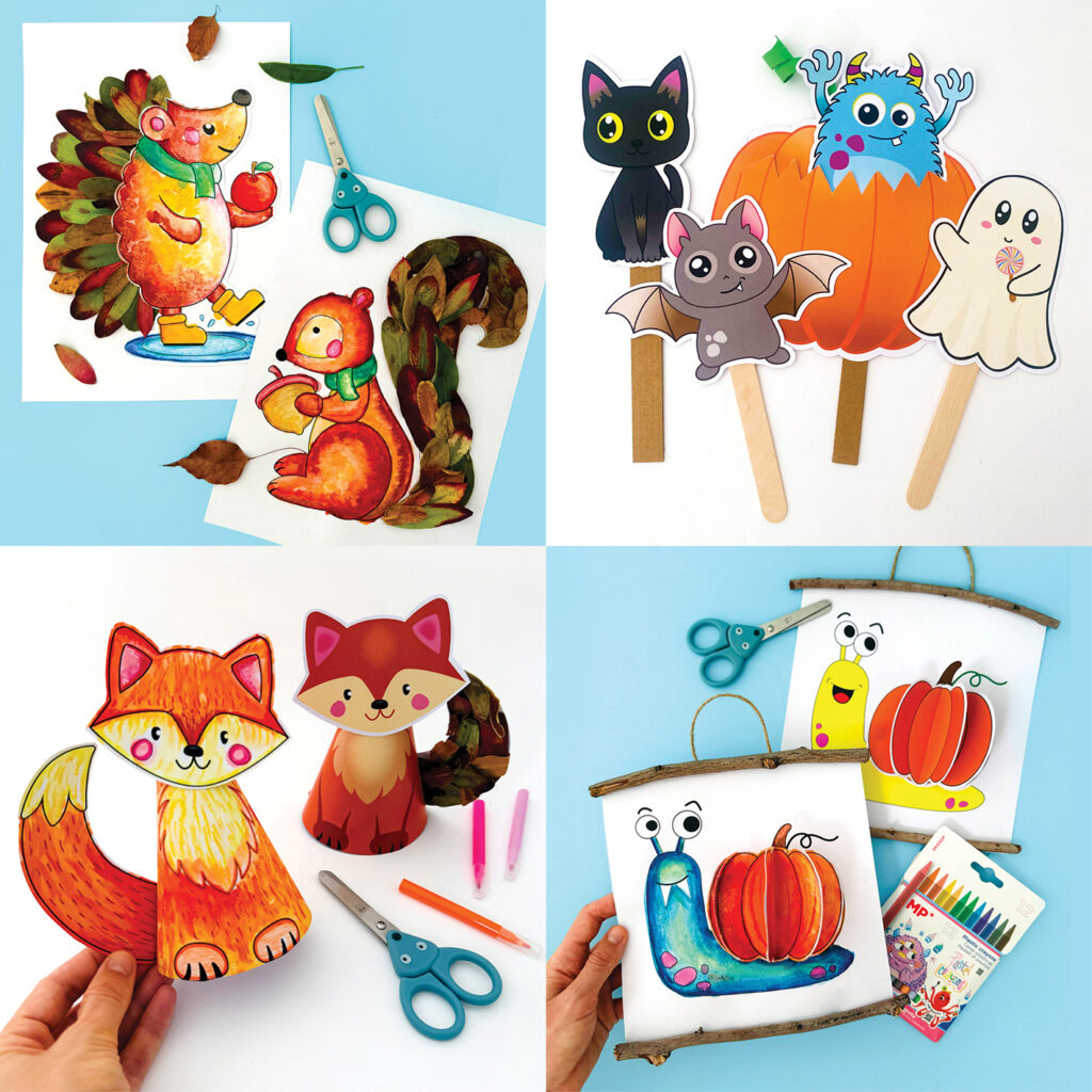 New Fall Craft Printables for Kids: pumpkins, woodland animals, nature craft, leave activites and Halloween templates