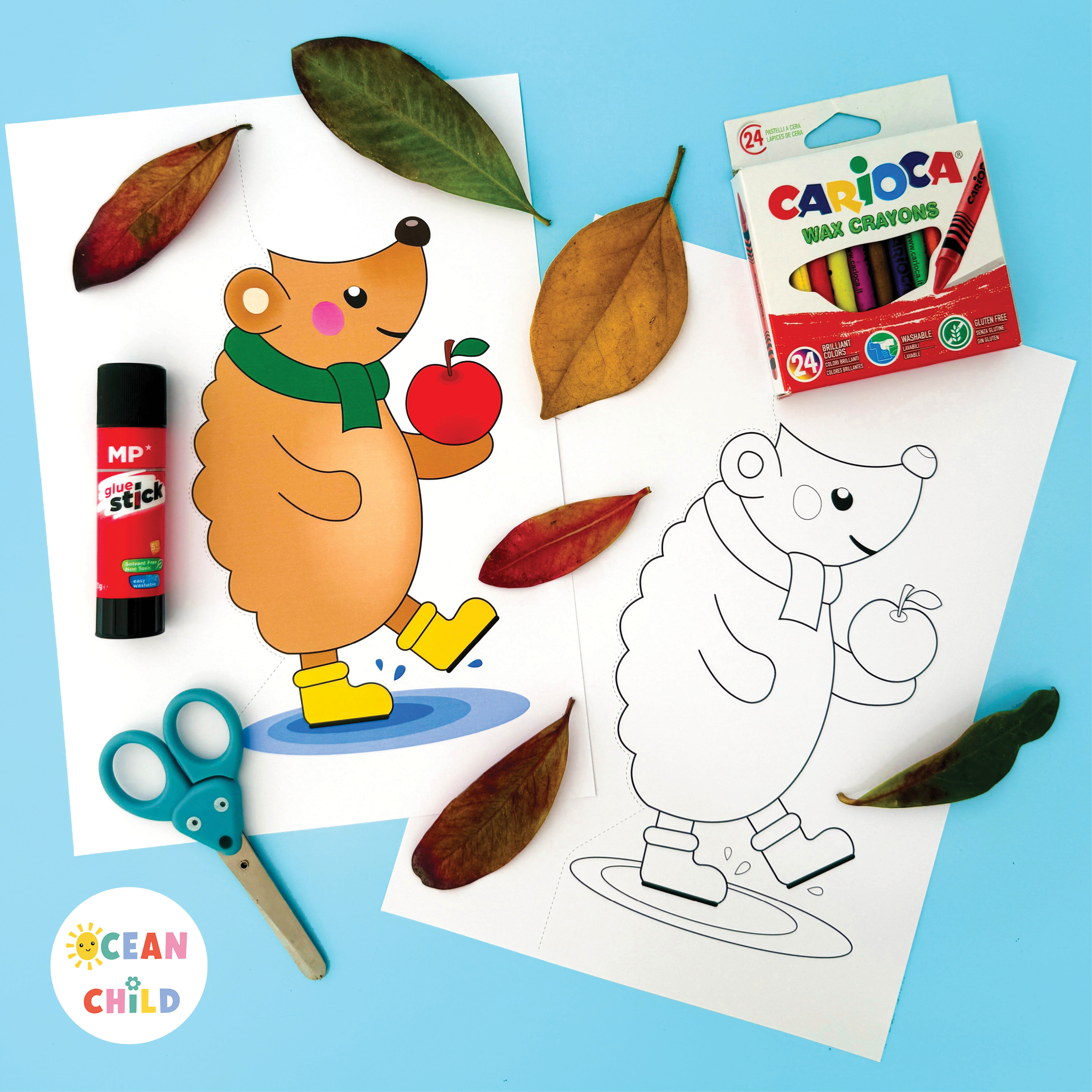 Preschool Fall Craft from Hedgehog, in color and coloring page