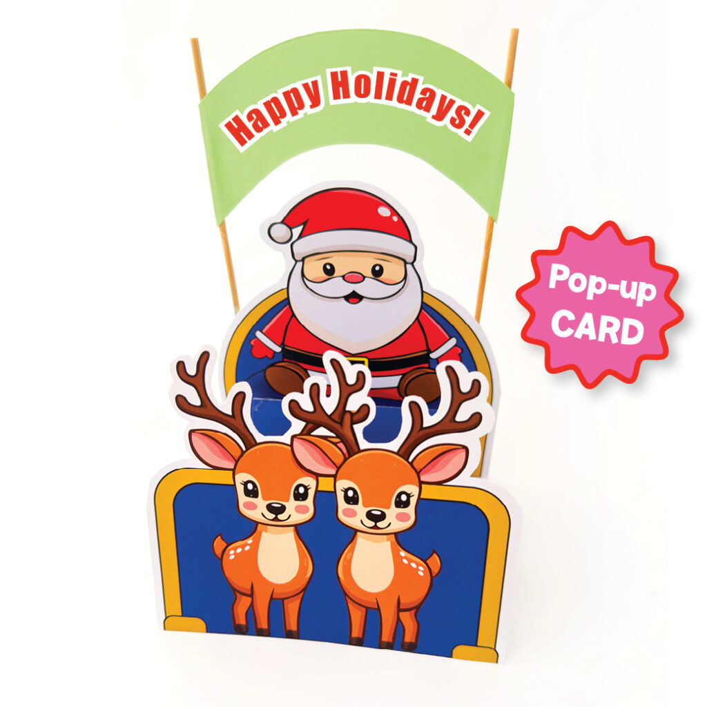 Coloring Craft Santa, a fun printable template to color a santa in a sleigh with reindeers