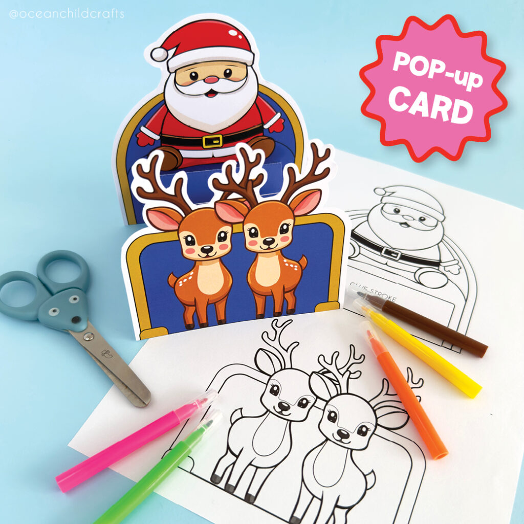 Santa and reindeer paper craft printable, a fun pop up Christmas card for kis.