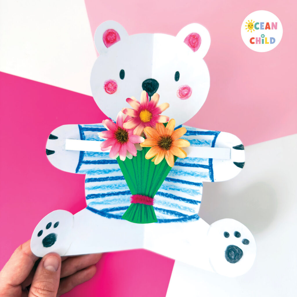 Simple Bear Craft Kids, kids can color a bear with flowers in their hands and turn it into a pop up card