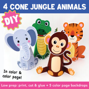 Jungle Animal Paper Cone Puppet Bundle: Elephant, Tiger, Monkey, Alligator