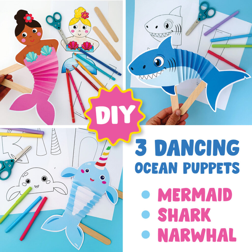 Ocean Themed Craft Bundle Kids, Dancing Puppets: Mermaid, Shark, Narwhal