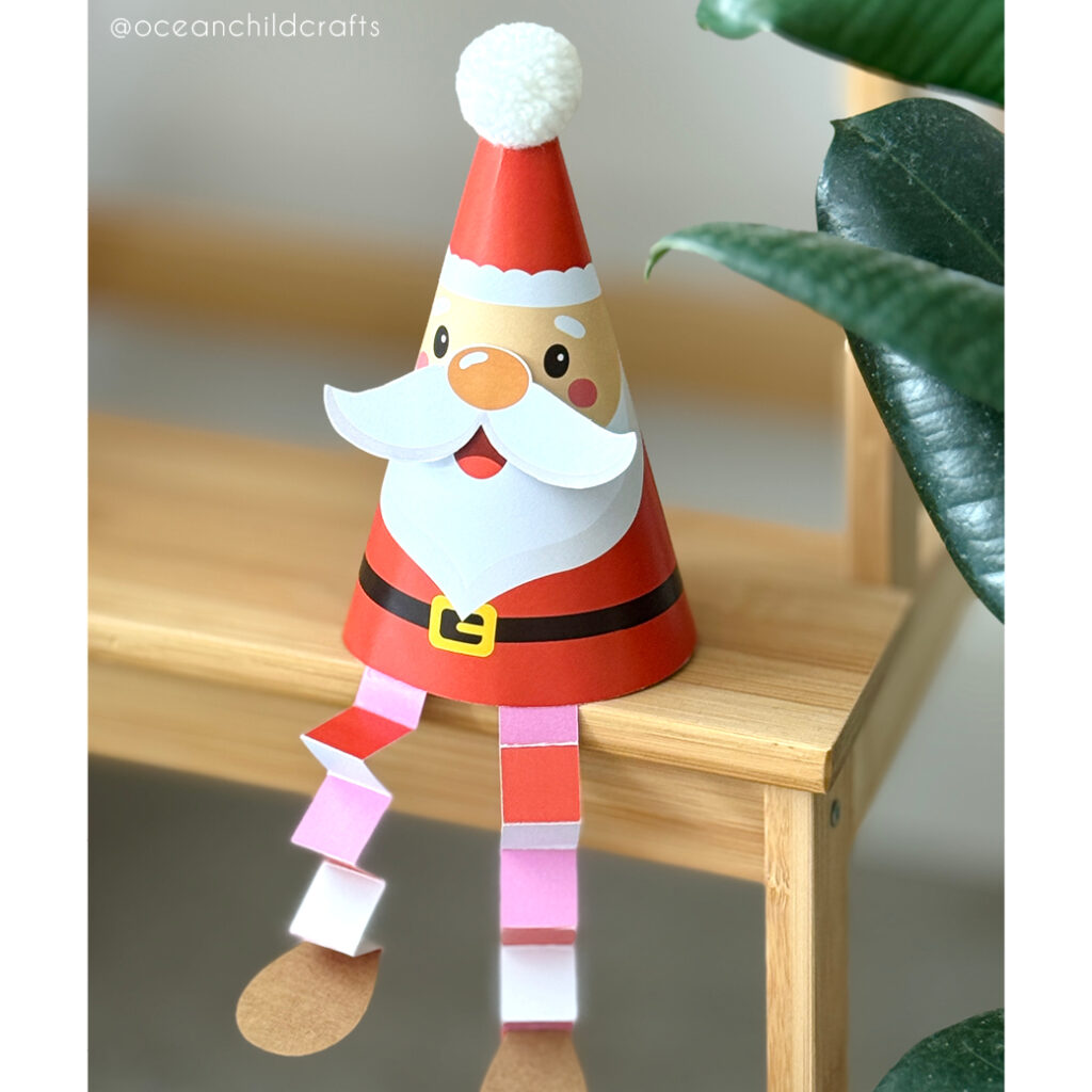 Paper Cone Santa Printable in Color and Coloring Page