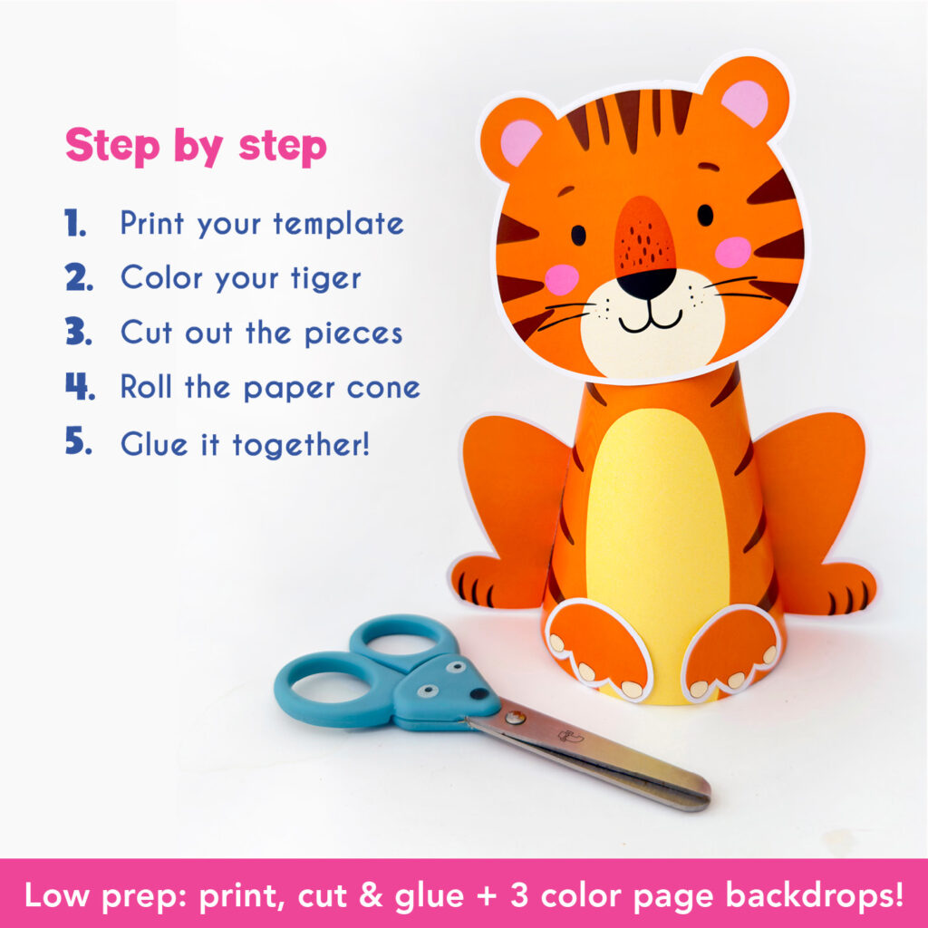Printable Craft Tiger In Color and Coloring Page