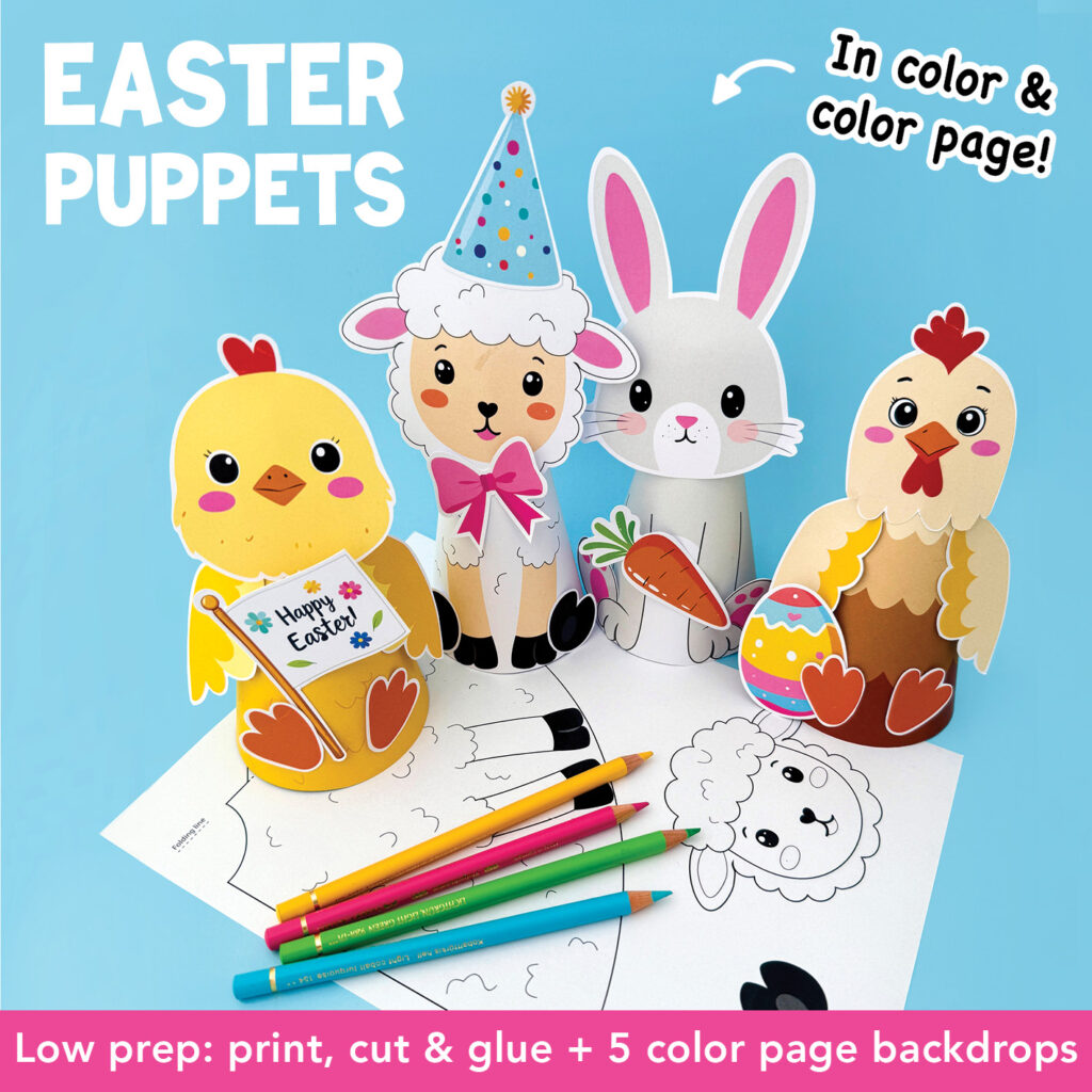 Printable Easter Craft Kids, Paper Cone Puppets: Chick, Hen, Lamb, Bunny