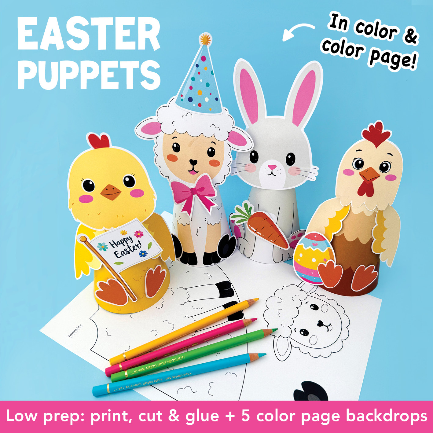Printable Easter Craft Kids, Paper Cone Puppets: Chick, Hen, Lamb, Bunny