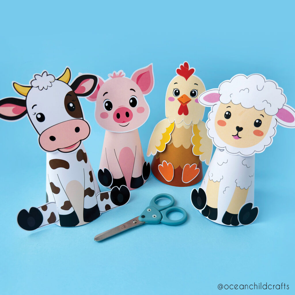 printable animal crafts with a paper cone as a base. Farm animal samples for paper cone craft.