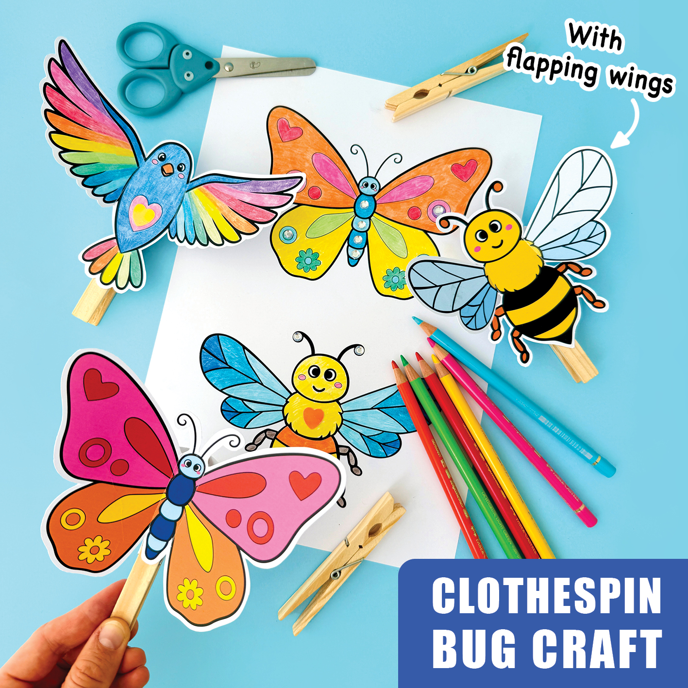 Bring spring to life with this adorable Bug Clothespin Puppet Craft Printable for kids! This fun and interactive craft lets children create their own butterfly, bee, bird, and ladybug puppets using simple supplies and a clothespin. Once assembled, the puppets can flap, move, and come to life during imaginative play. This printable set includes both full-color templates and coloring page versions, making it a great choice for different ages, skill levels, and classroom needs. Children can enjoy coloring, cutting, gluing, and building their own cute spring bug puppets while strengthening fine motor skills. Perfect for spring crafts, insect theme units, preschool and kindergarten activities, classroom centers, homeschool, and easy craft time at home. WHAT´S INCLUDED • Simple step-by-step instructions • Butterfly clothespin puppet in color & coloring page • Bee clothespin puppet in color & coloring page • Bird clothespin puppet in color & coloring page • Ladybug clothespin puppet in color & coloring page WHY YOU´LL LOVE IT • Fun interactive craft for kids • Great for spring and insect themes • Encourages creativity and imaginative play • Supports fine motor skill development • Easy to prep for home or classroom use • Includes both color and color-your-own versions GREAT FOR • Spring classroom crafts • Preschool and kindergarten activities • Insect and bug theme lessons • Homeschool craft time • Fine motor practice • Printable puppet activities • Rainy day crafting SUPPLIES NEEDED • Printer • Paper or cardstock (we used cardstock) • Scissors • Glue stick • Big clothespins (3.5/4 inches, 9-11 CM) • Crayons, markers, or colored pencils for the coloring version NOTES This is a digital download. No physical item will be shipped.